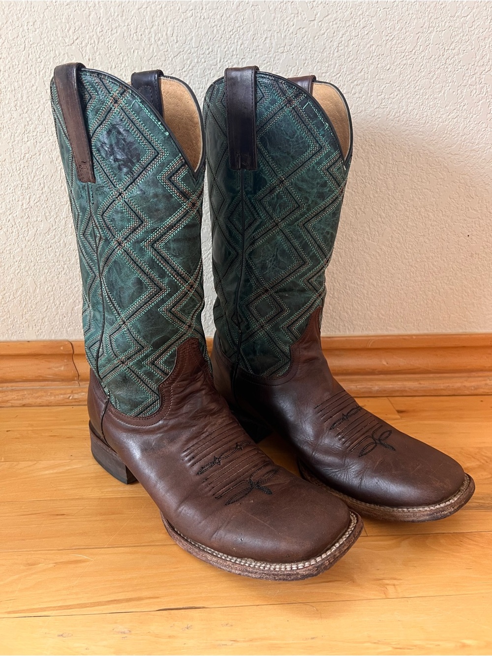 Brown Leather & Teal Stitch Cowboy Boots